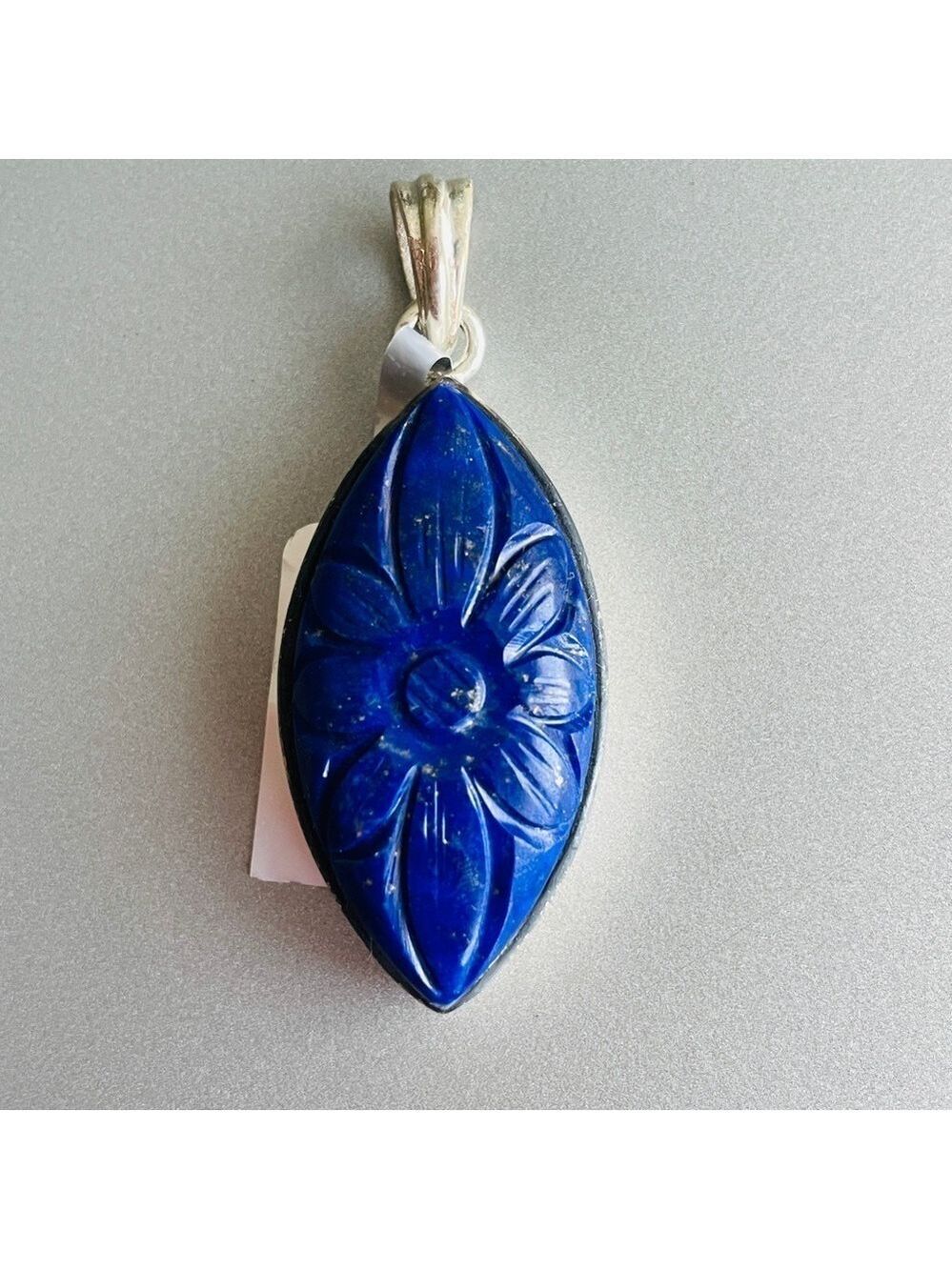 Carved Lapis Lazuli Flower Motiff Sterling Silver Pendant for Necklace